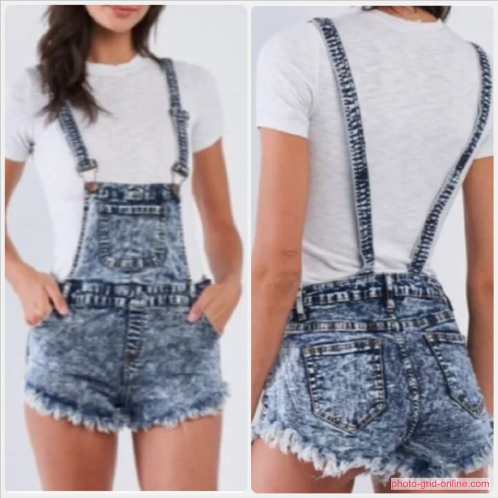 Denim Shortall Overalls Acid Wash Small